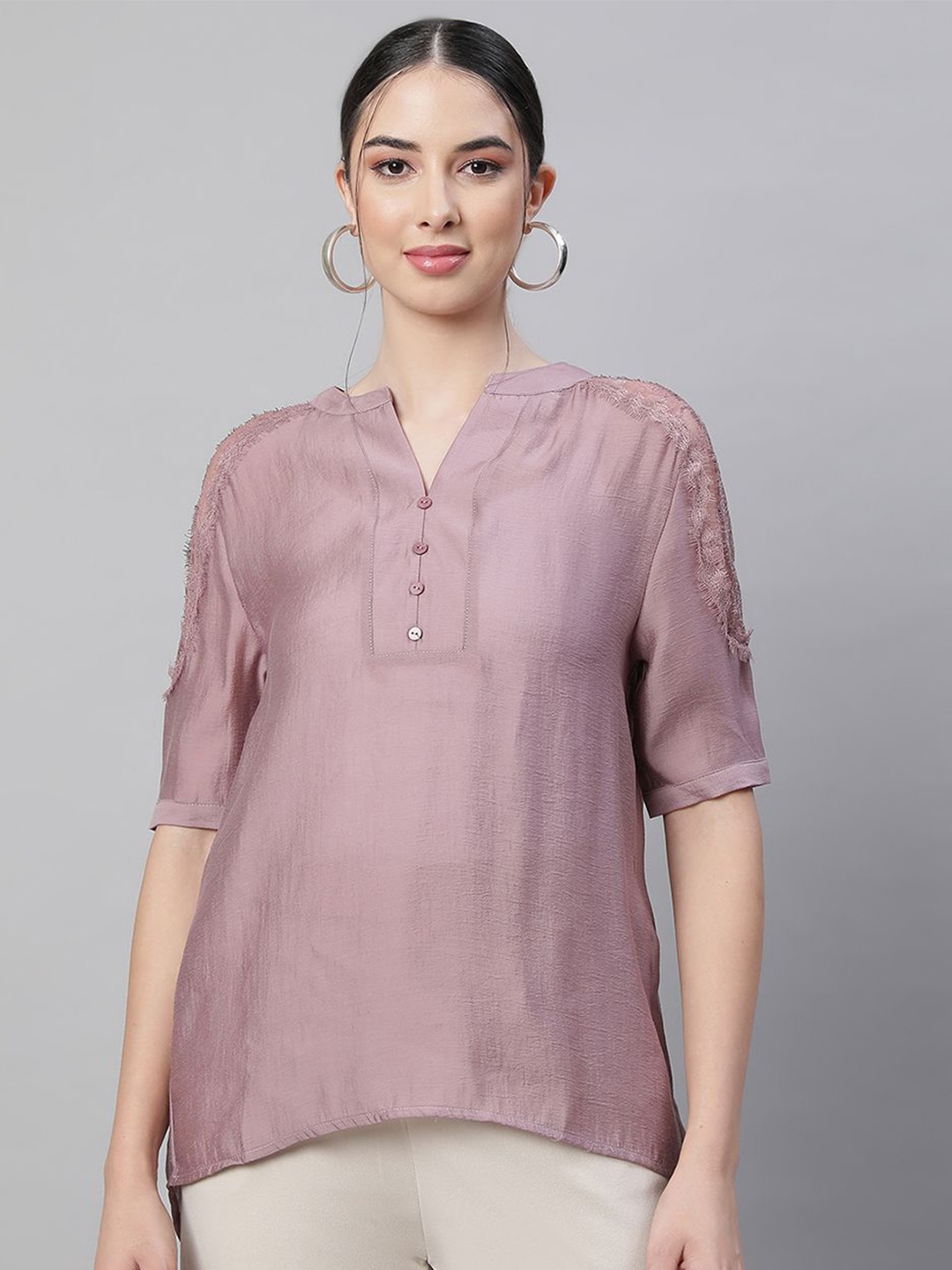 

Global Republic Mandarin Collar Puff Sleeve High-Low Top, Pink