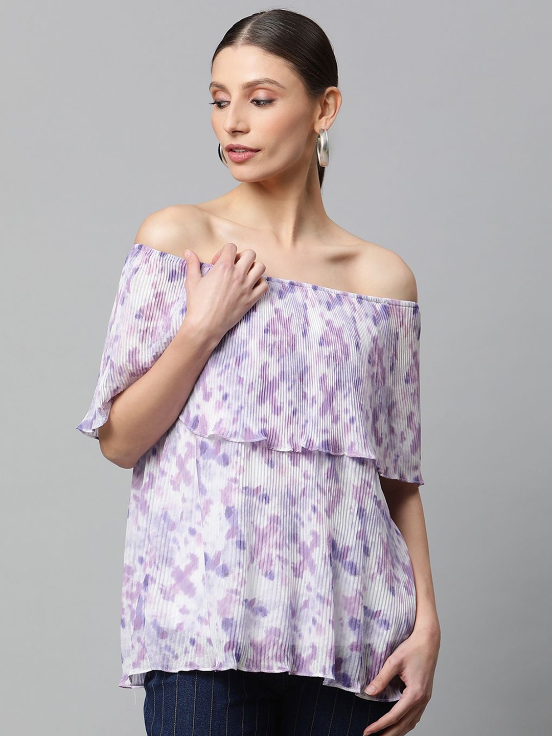 

Global Republic Abstract Printed Off-Shoulder Flared Sleeve Blouson Top, Purple