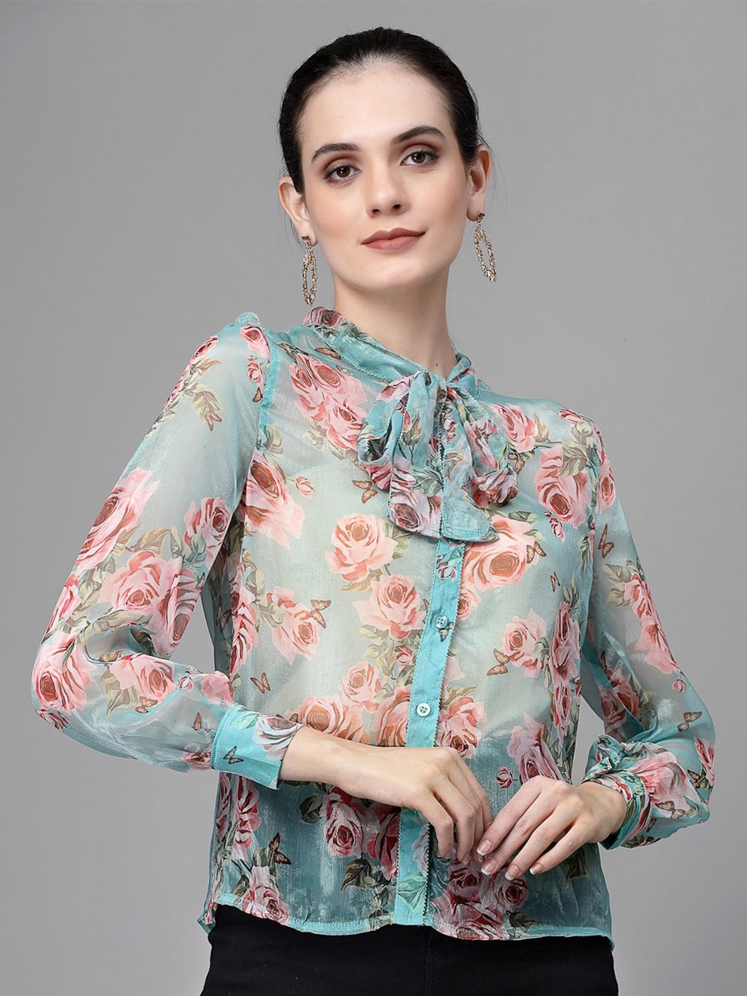 

Global Republic Floral Printed Tie-Up Neck Top, Blue