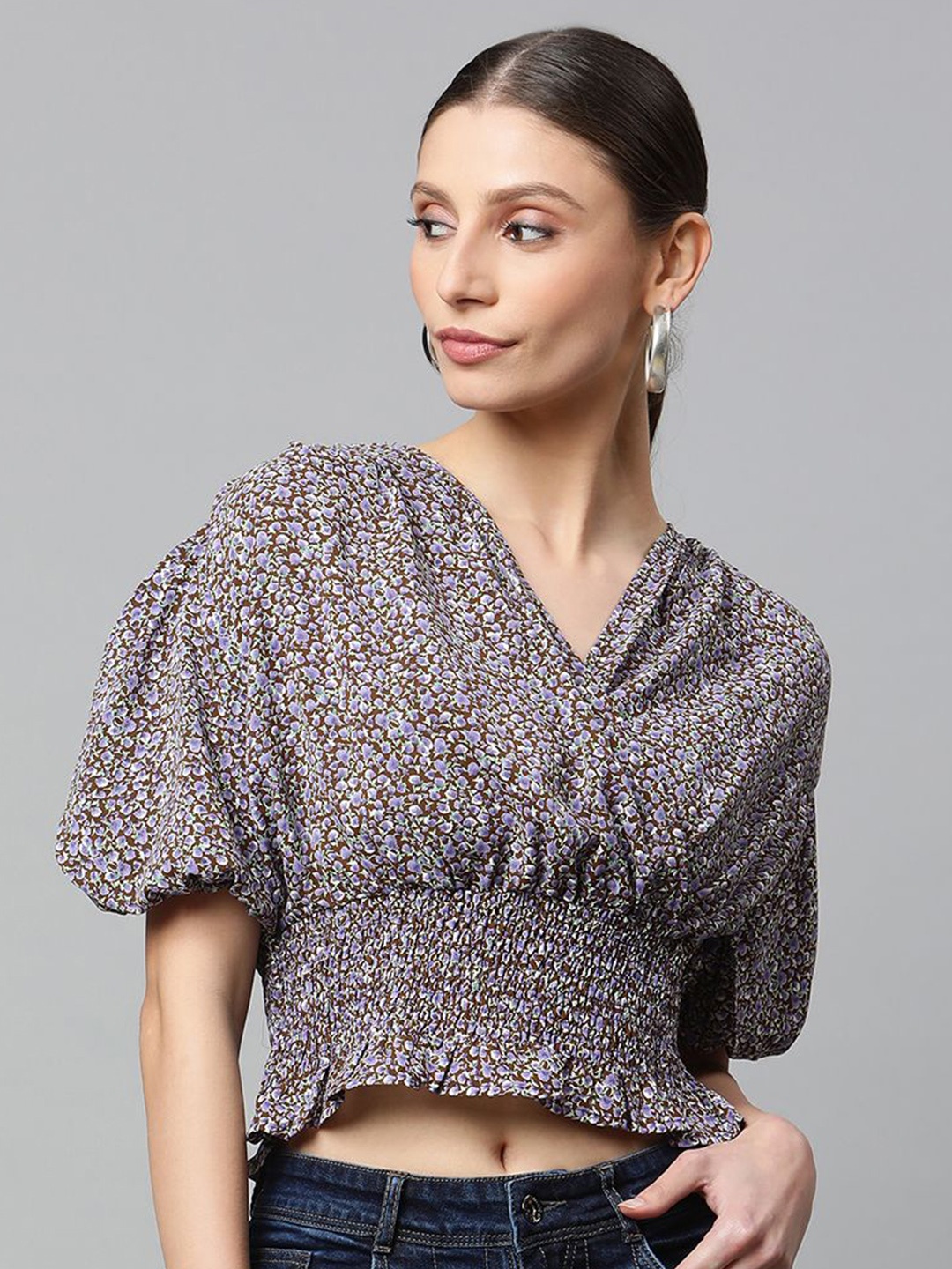

Global Republic Floral Printed Puff Sleeve Smocked Crop Top, Teal