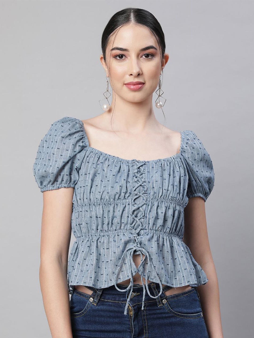 

Global Republic Self Design Square Neck Puff Sleeve Cinched Waist Crop Top, Blue