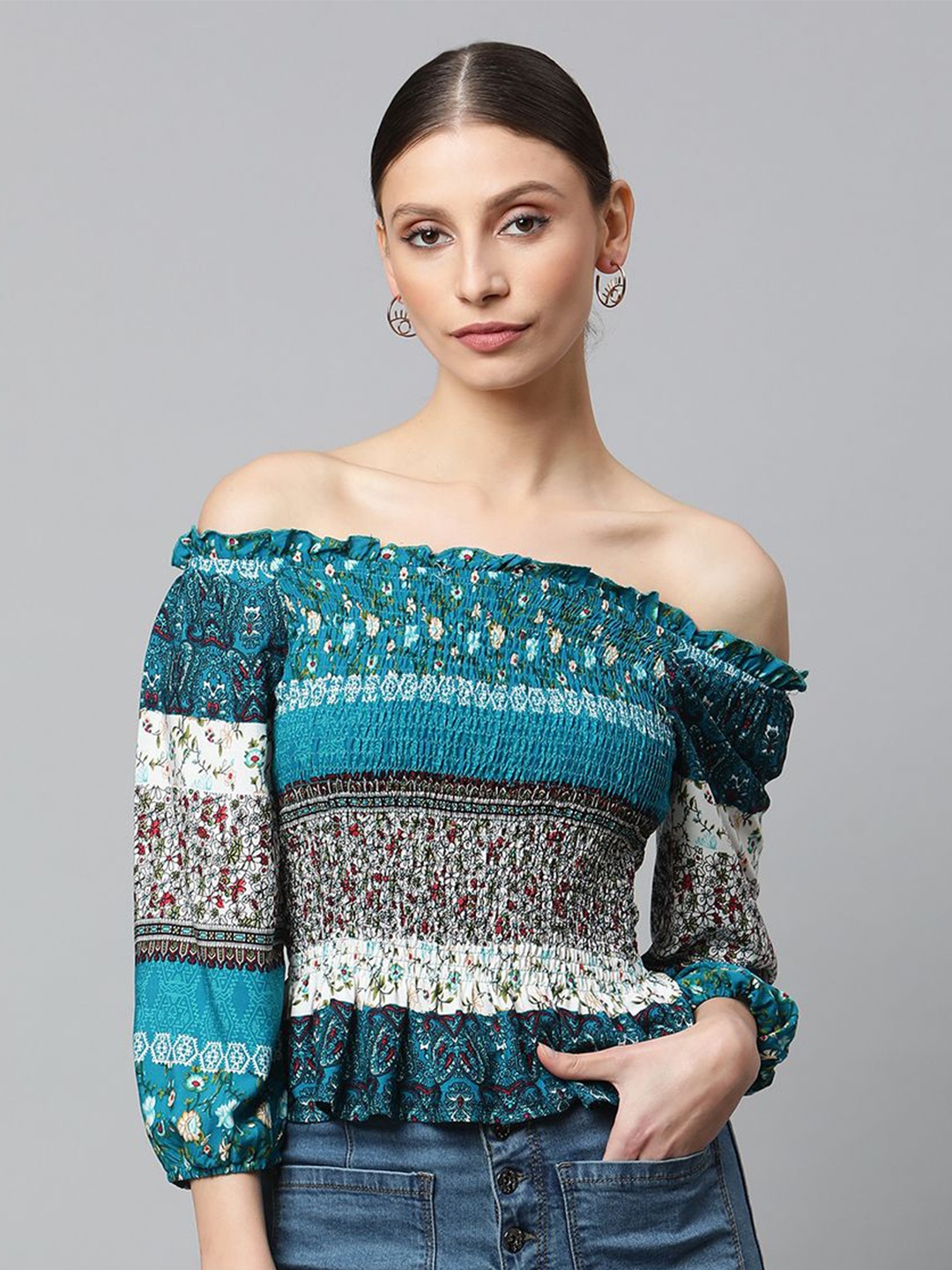 

Global Republic Floral Printed Off-Shoulder Puff Sleeve Smocked Bardot Top, Teal