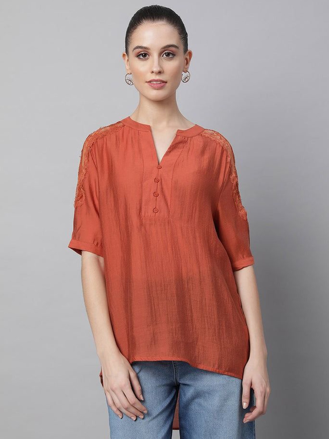 

Global Republic Band Collar Cotton High-Low Top, Rust