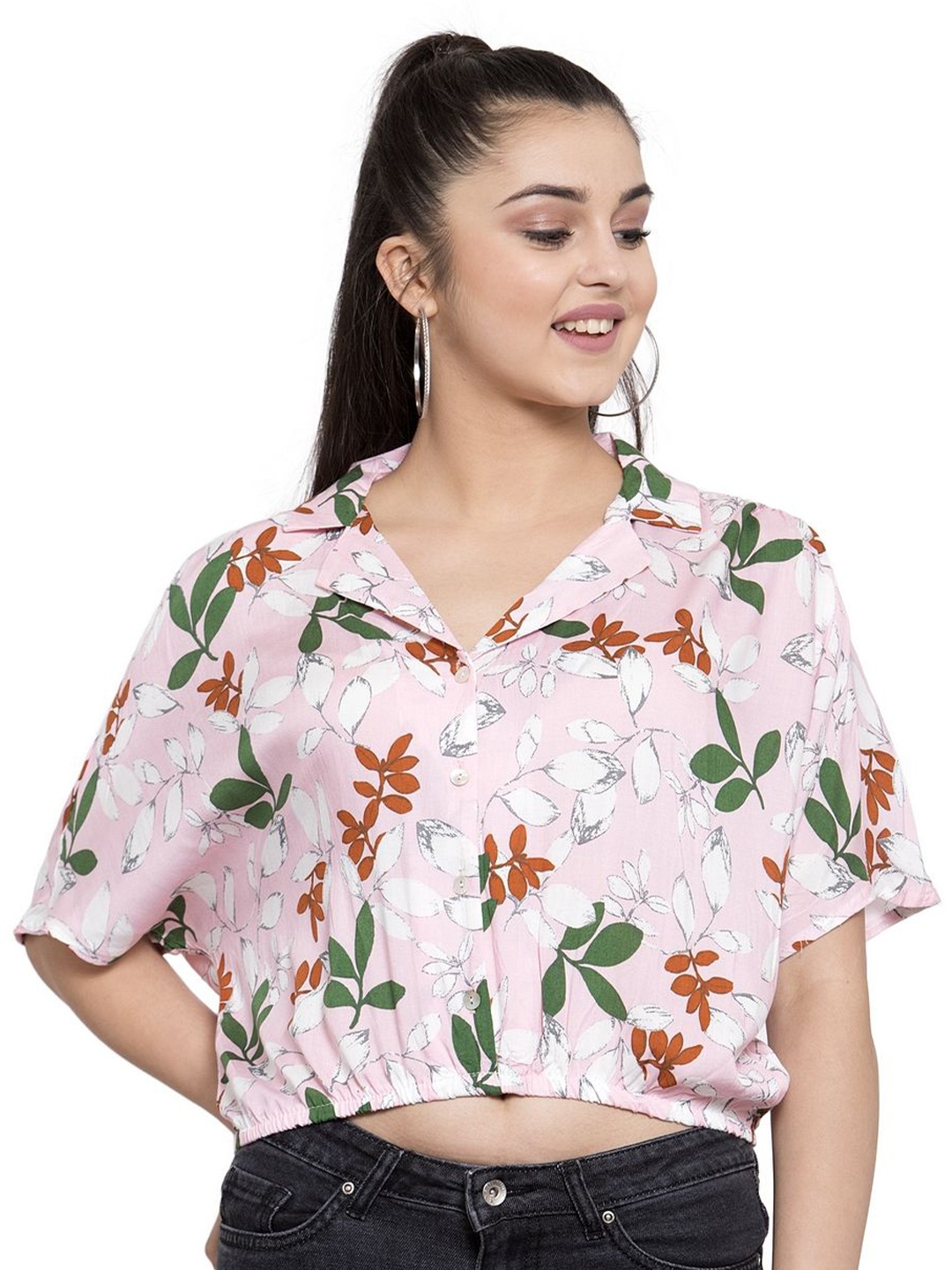 

Global Republic Floral Printed Shirt Styled Crop Top, Pink