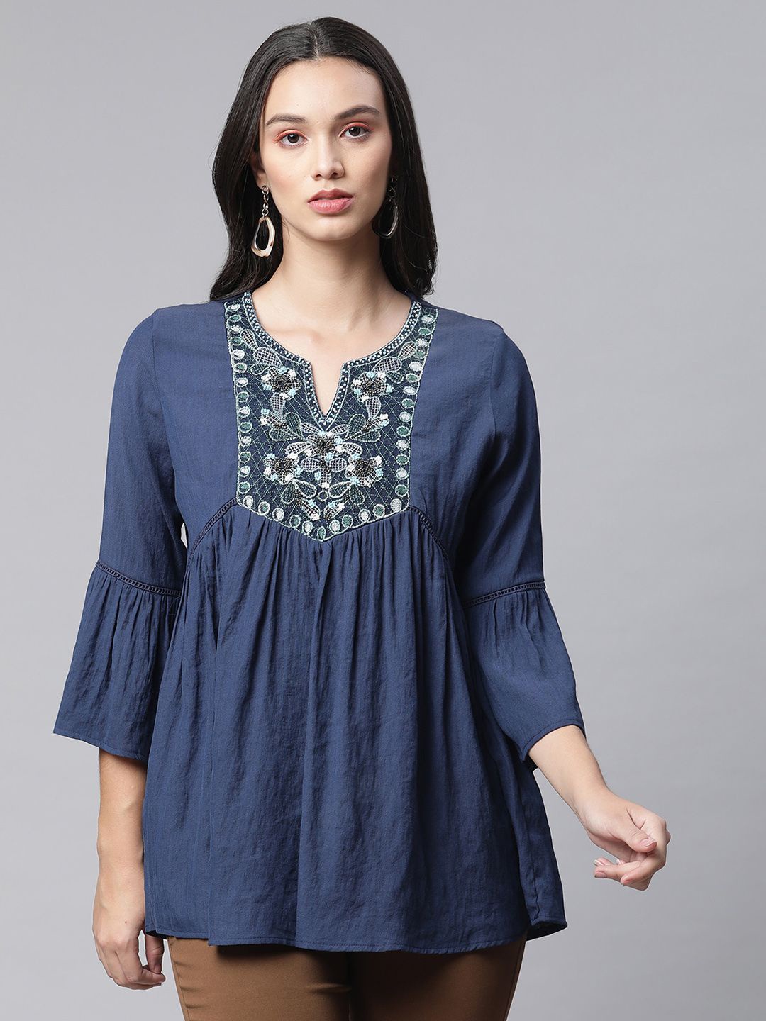 

Global Republic Floral Embroidered Bell Sleeve A-Line Top, Navy blue