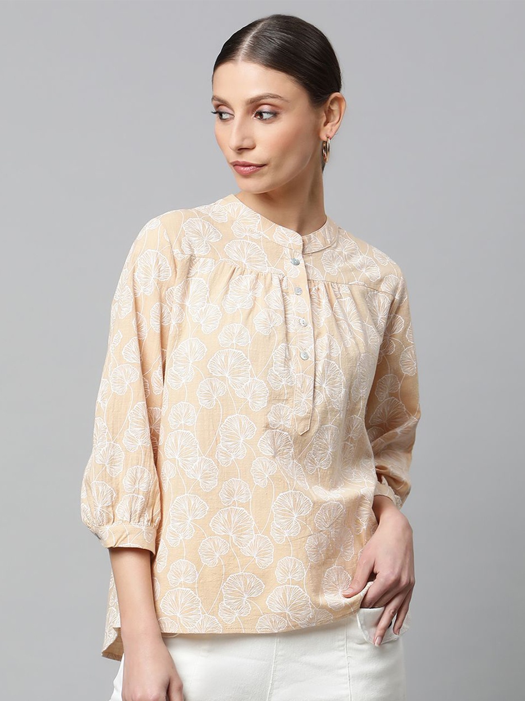 

Global Republic Floral Printed Mandarin Collar Cuffed Sleeves Cotton Top, Beige