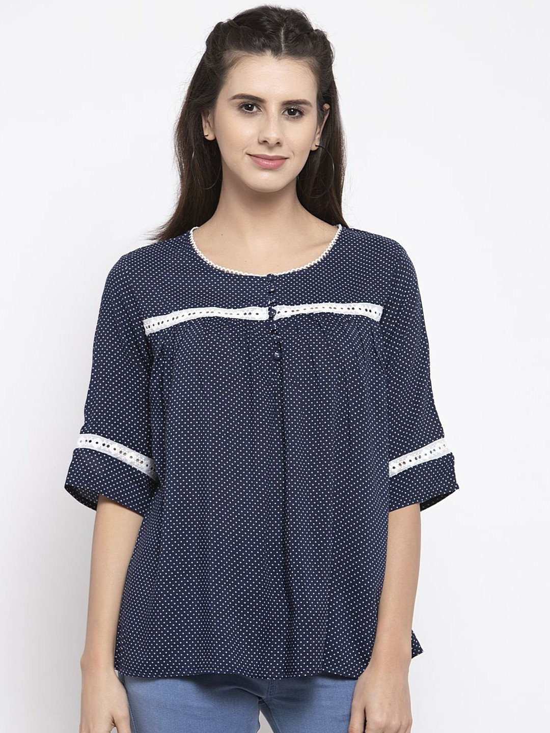 

Global Republic Polka Dot Print A-Line Top, Navy blue
