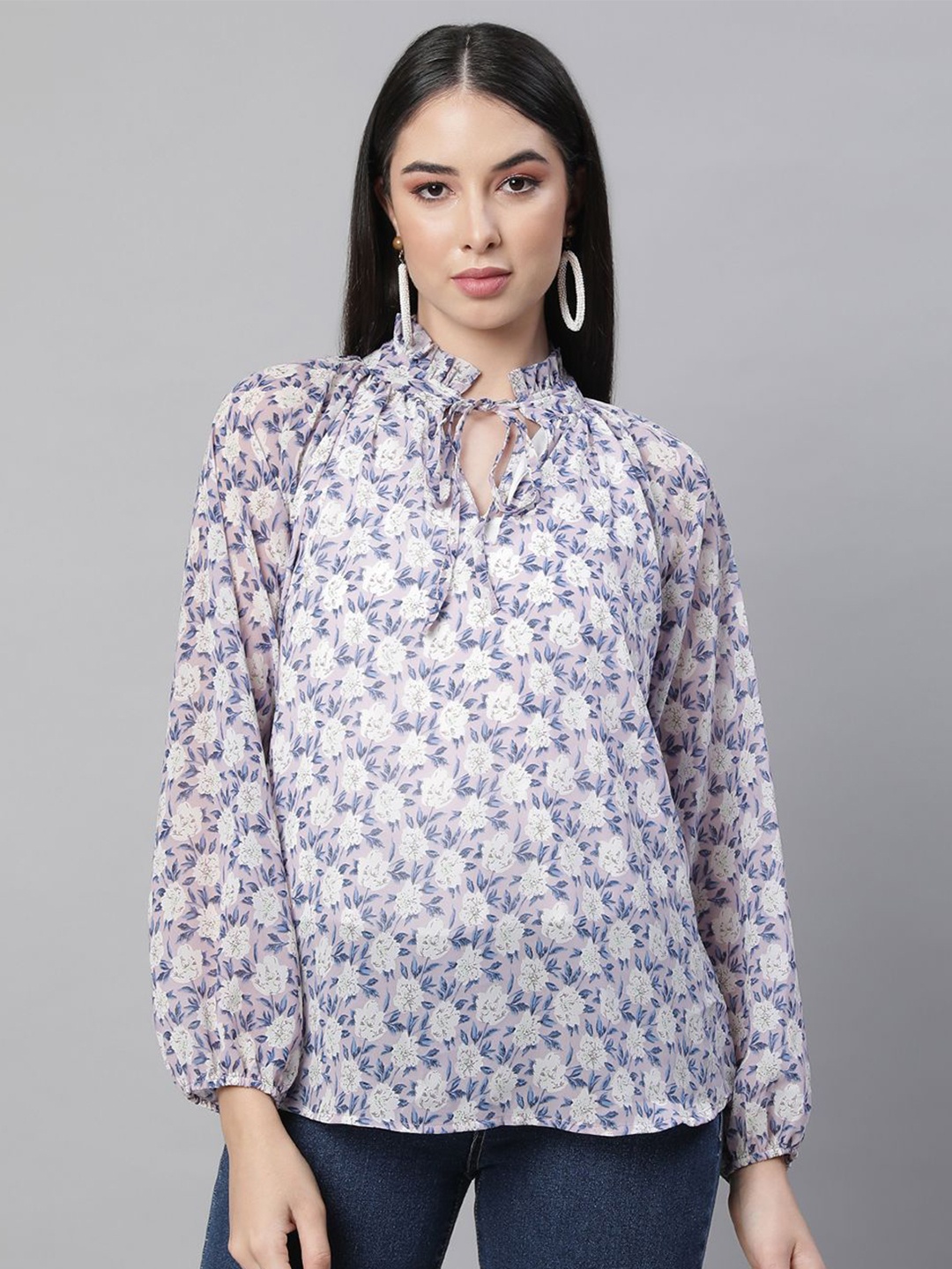 

Global Republic Floral Printed Tie-Up Neck Puff Sleeve Top, Mauve