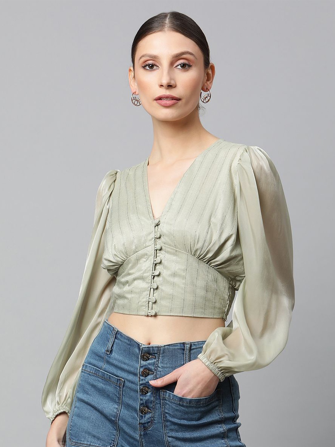 

Global Republic Striped Puff Sleeve Cinched Waist Crop Top, Green