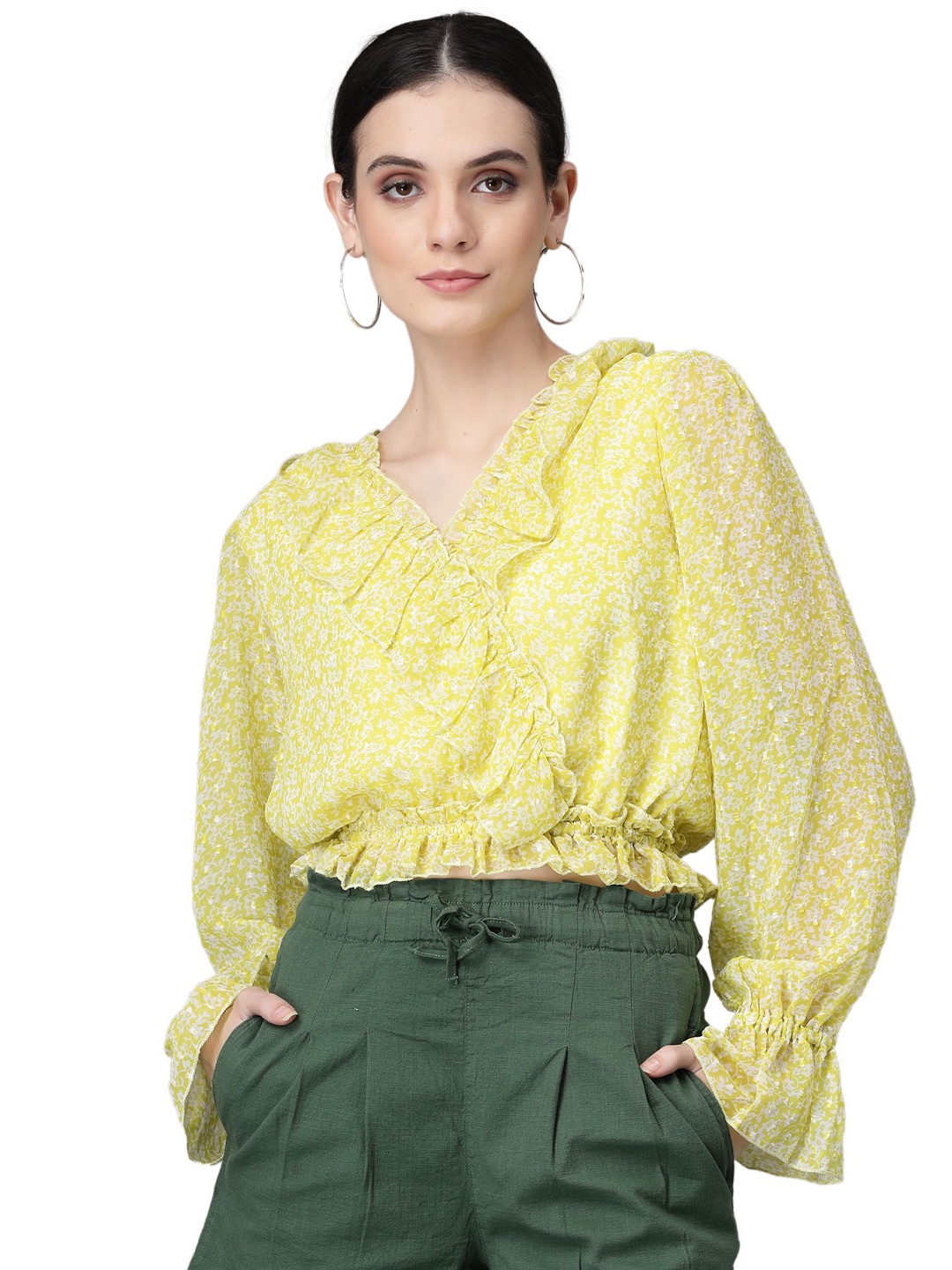 

Global Republic Floral Print Puff Sleeve Cotton Blouson Crop Top, Yellow