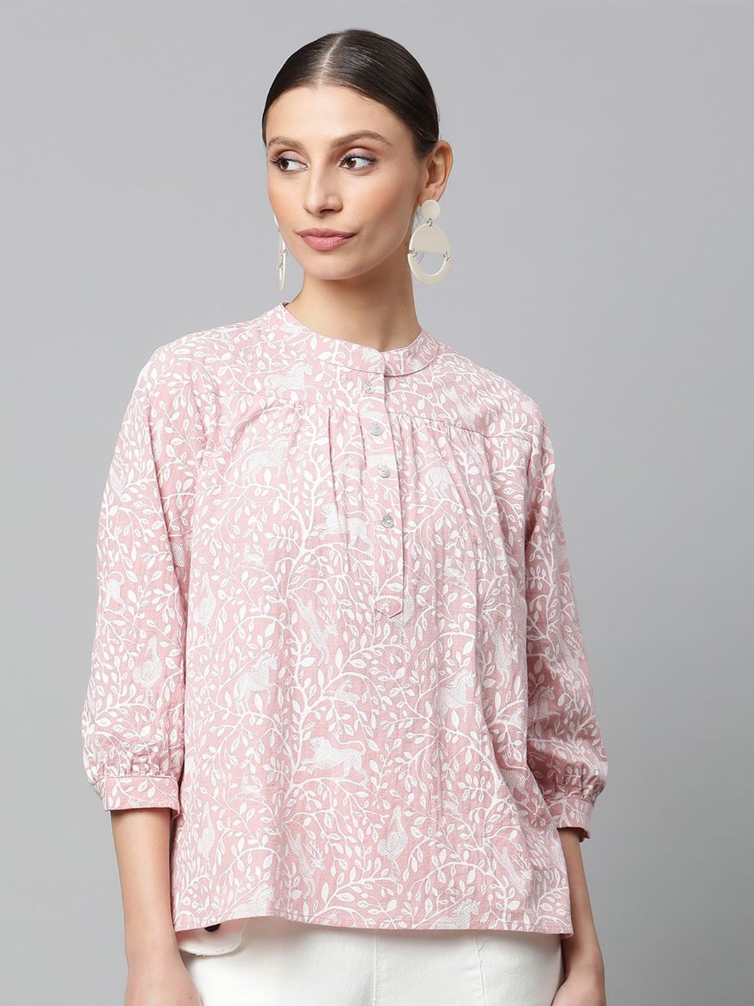 

Global Republic Floral Print Mandarin Collar Puff Sleeve Cotton Top, Pink