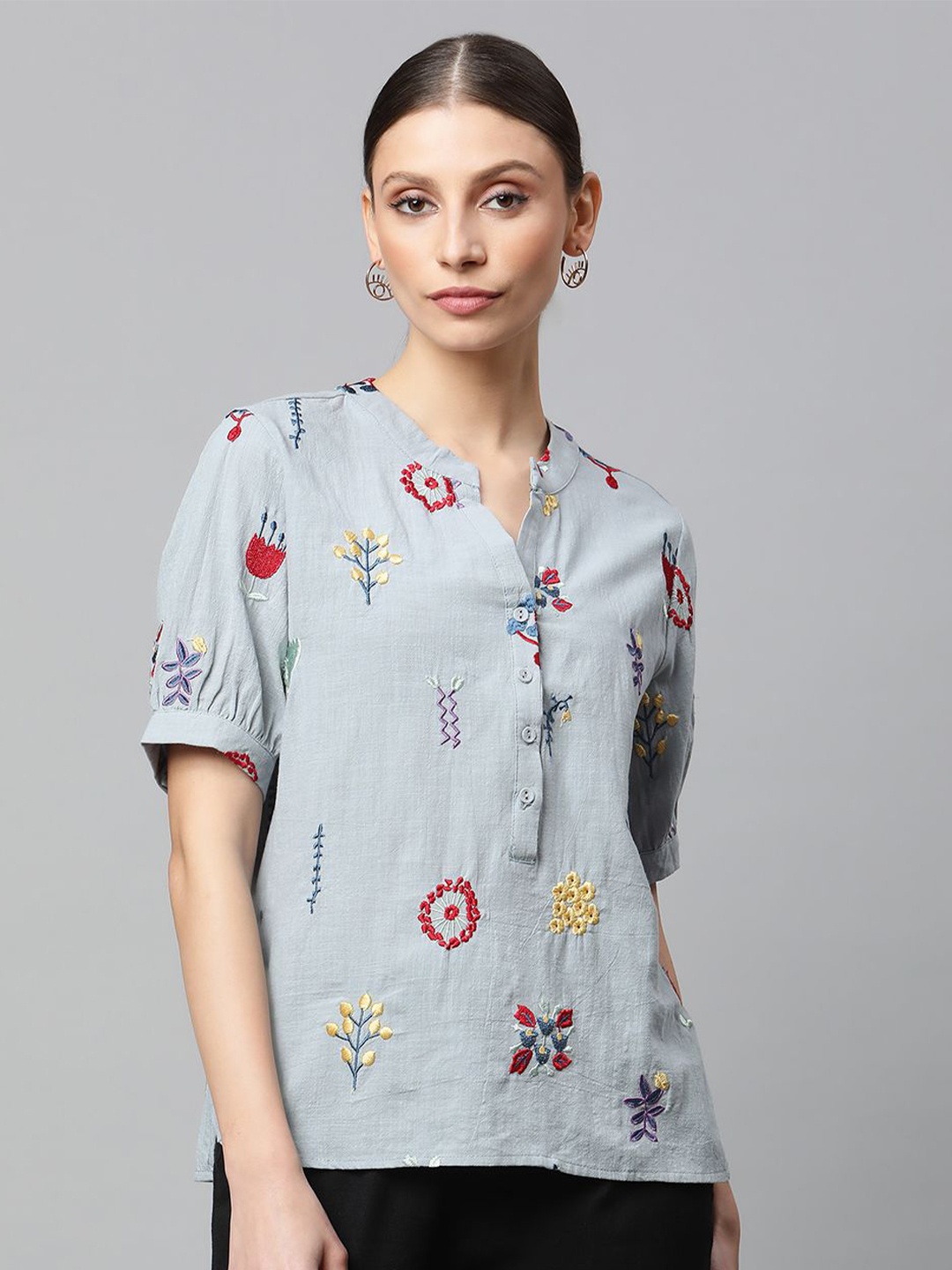 

Global Republic Floral Printed Mandarin Collar Cotton Shrt Style Top, Blue