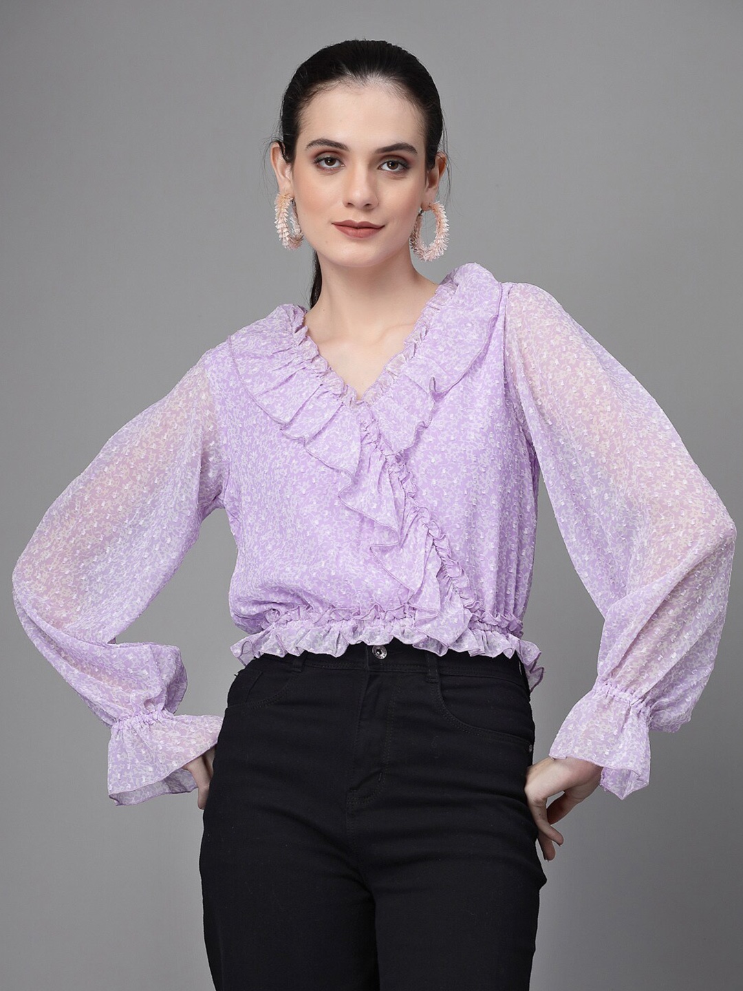 

Global Republic Floral Printed Puff Sleeves Ruffles Cotton Blouson Top, Purple