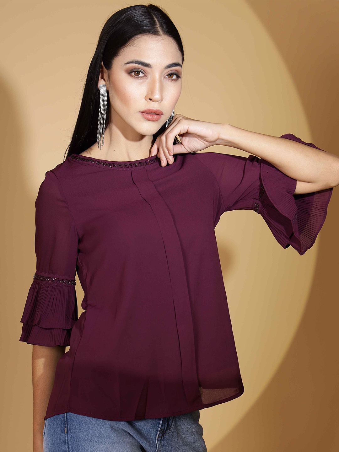 

Global Republic Round Neck Bell Sleeves Regular Top, Maroon