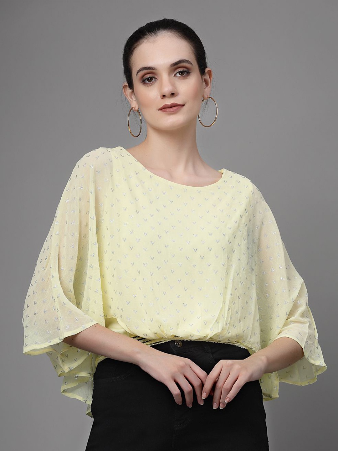 

Global Republic Geometric Printed Round Neck Flared Sleeve Regular Top, Yellow