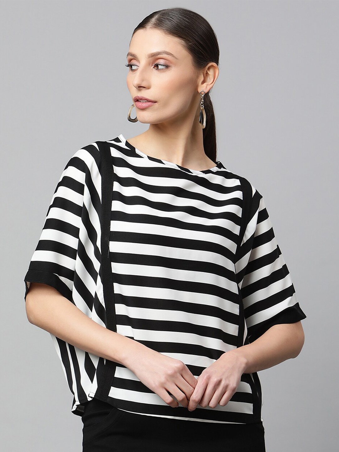 

Global Republic Striped Extended Sleeves Boxy Top, Black