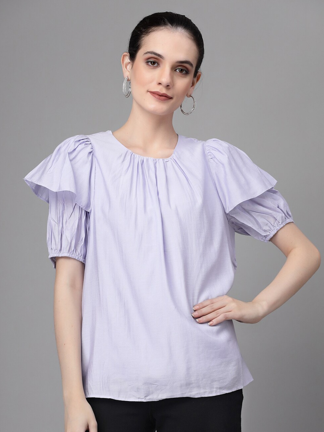 

Global Republic Round Neck Puff Sleeve Top, Lavender