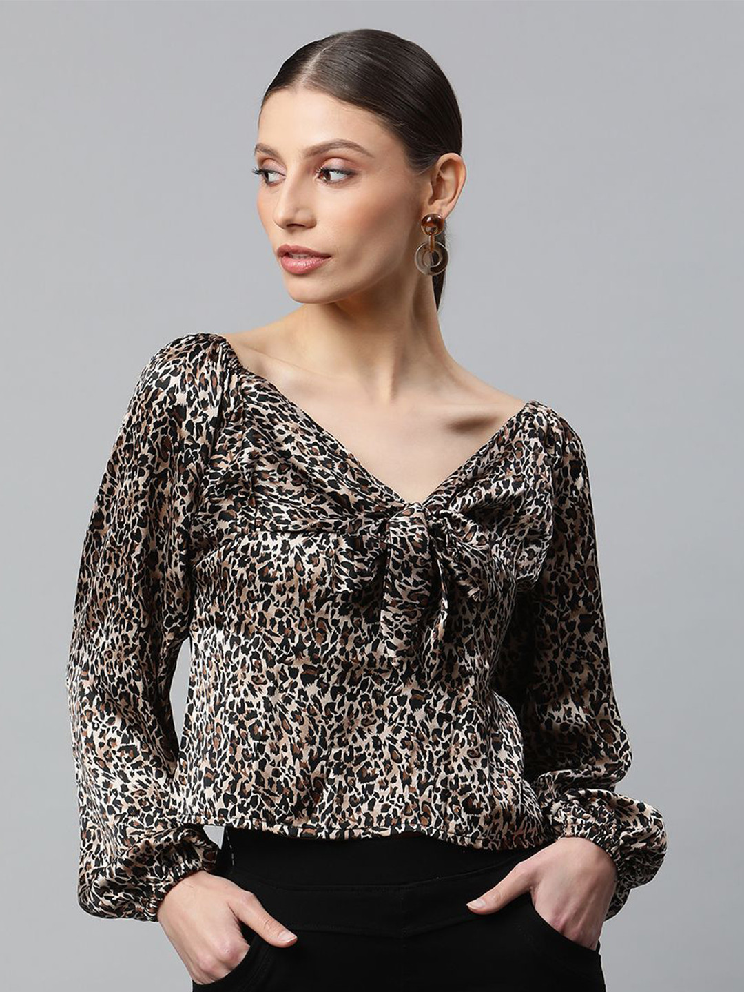 

Global Republic Animal Print Bell Sleeve Top, Brown