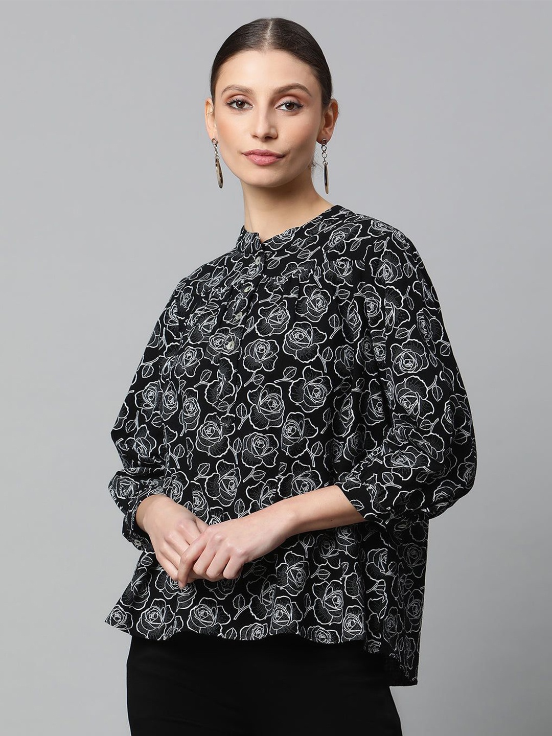 

Global Republic Floral Printed Puff Sleeve Cotton A-Line Top, Black