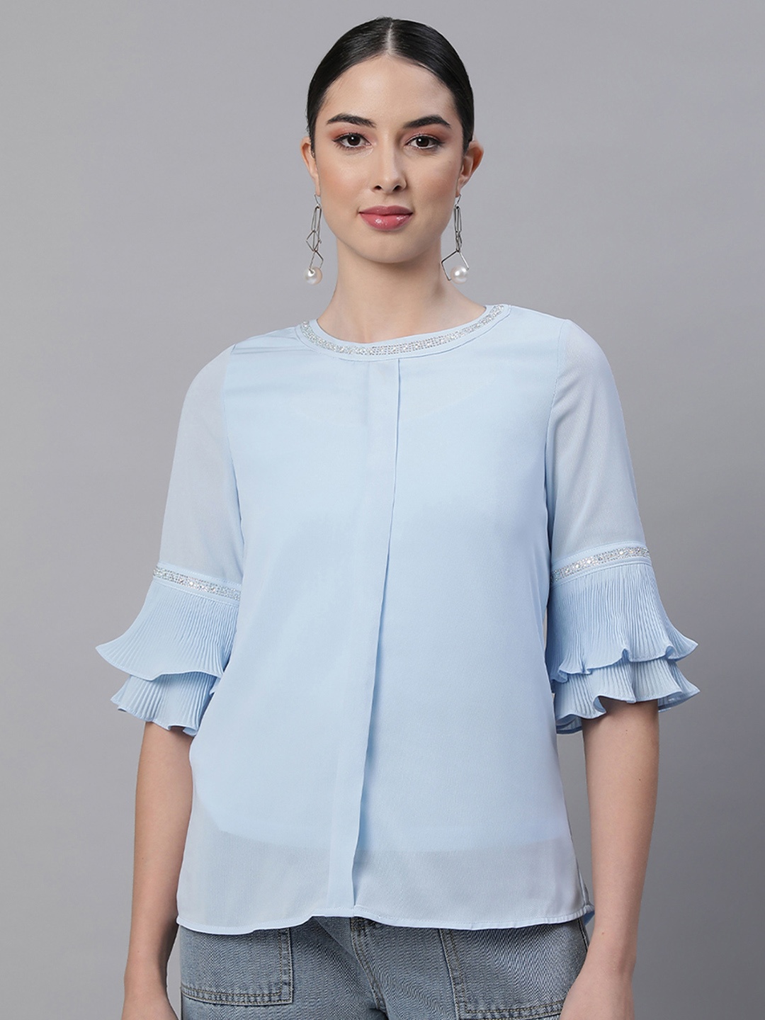 

Global Republic Round Neck Bell Sleeves Blouson Top, Blue