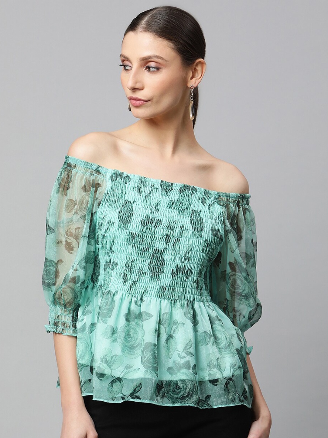 

Global Republic Floral Printed Off-Shoulder Puff Sleeve Smocked Peplum Top, Green