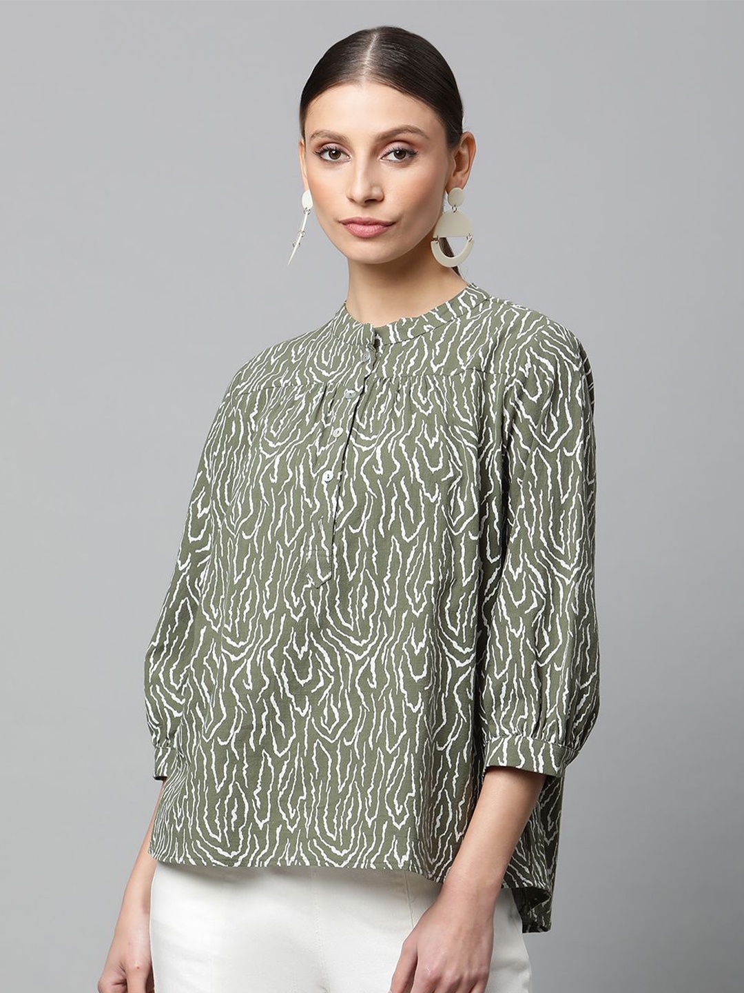 

Global Republic Geometric Print Mandarin Collar Puff Sleeve Cotton Top, Green