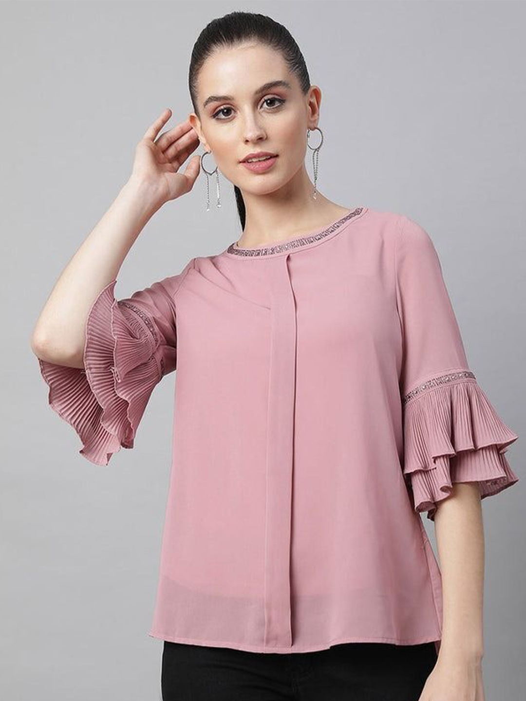 

Global Republic Round Neck Bell Sleeve Studded Regular Top, Pink