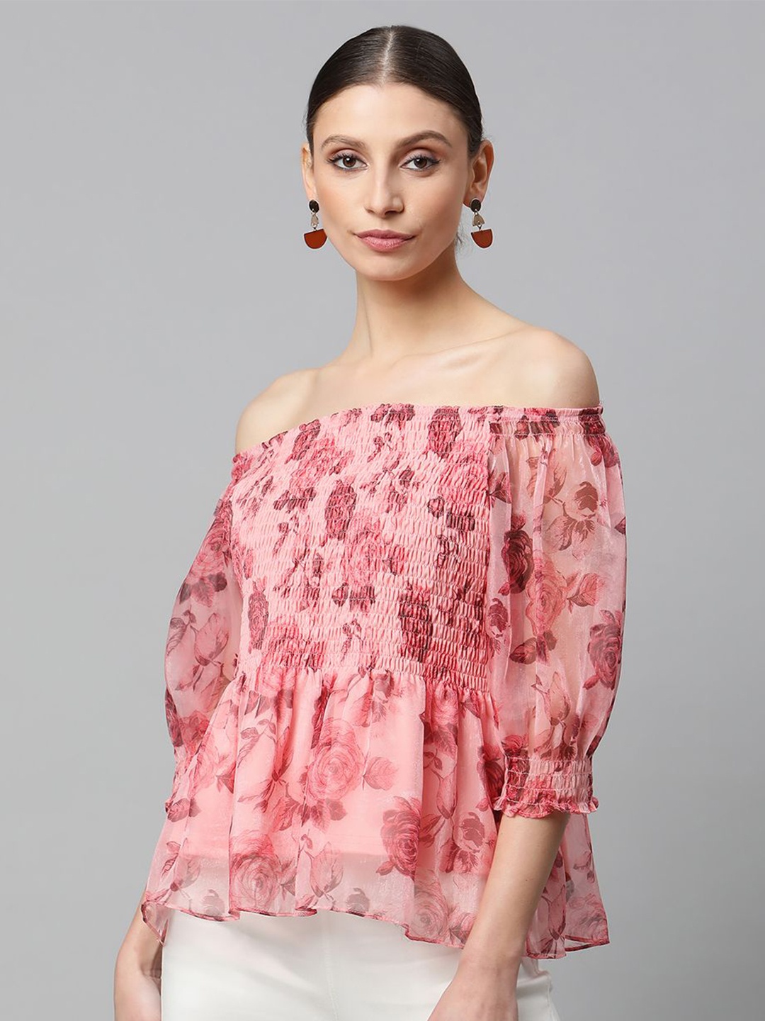 

Global Republic Floral Printed Off-Shoulder Smocked Bardot Top, Pink