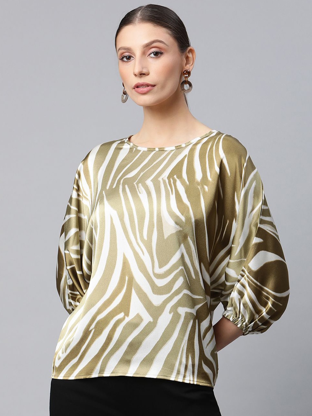 

Global Republic Abstract Printed Puff Sleeve Satin Top, Olive