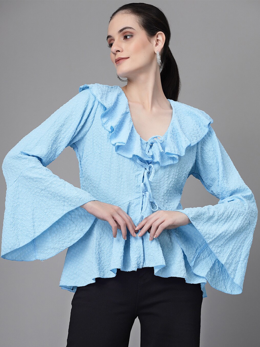 

Global Republic V-Neck Bell Sleeves Layered A-Line Top, Blue