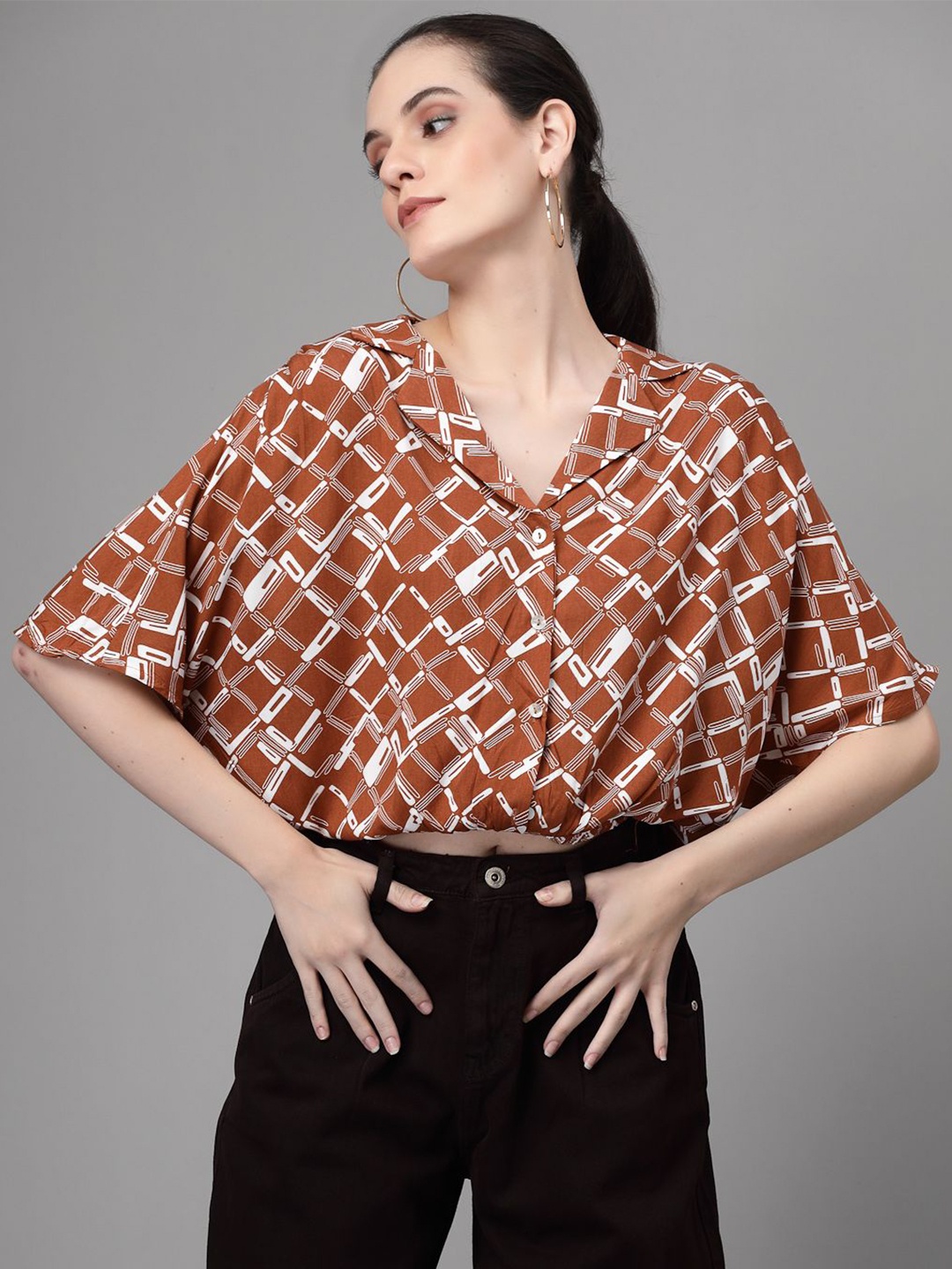 

Global Republic Geometric Print Extended Sleeves Blouson Top, Brown