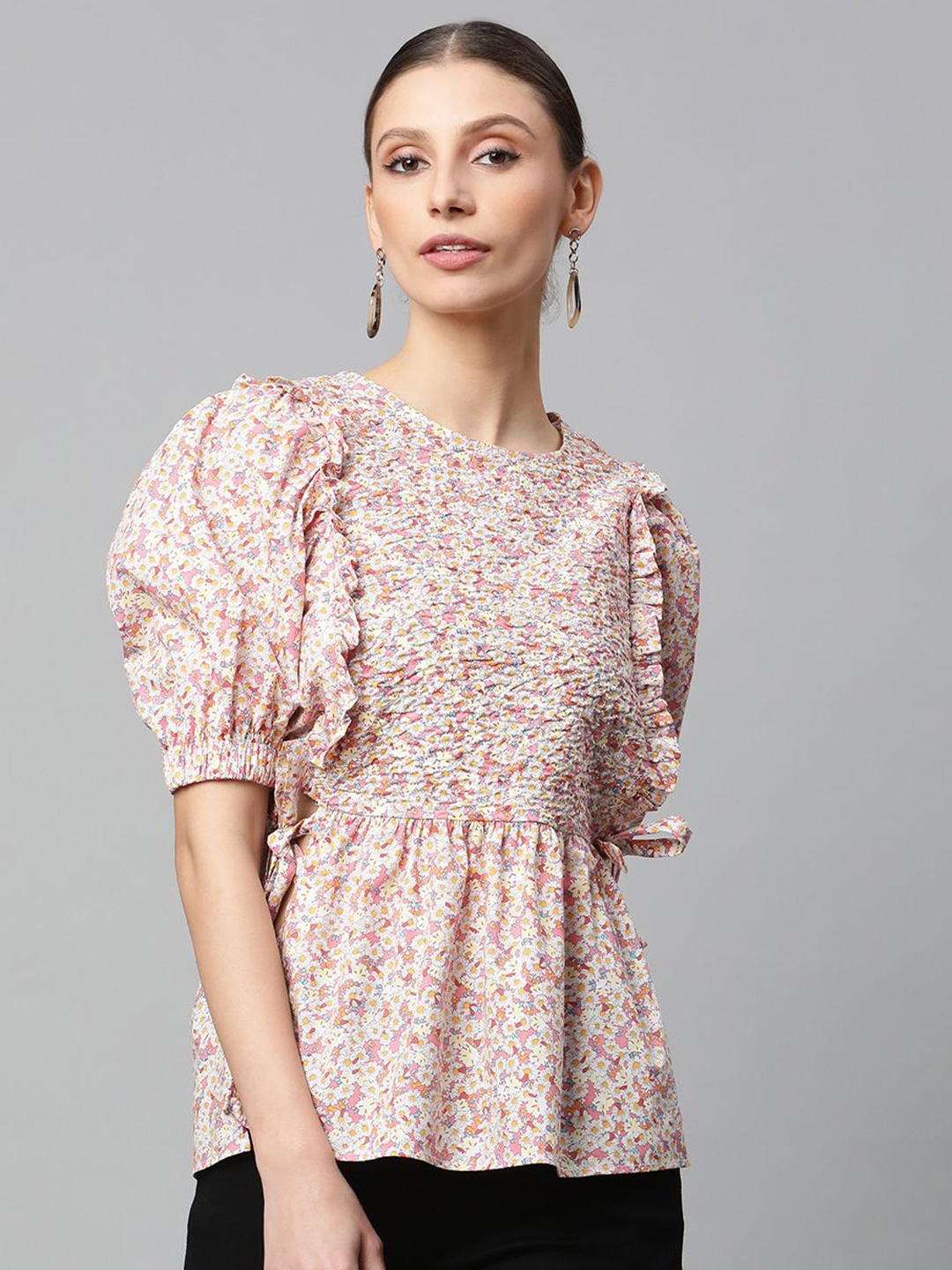 

Global Republic Floral Printed Puff Sleeve Cotton A-Line Top, Pink