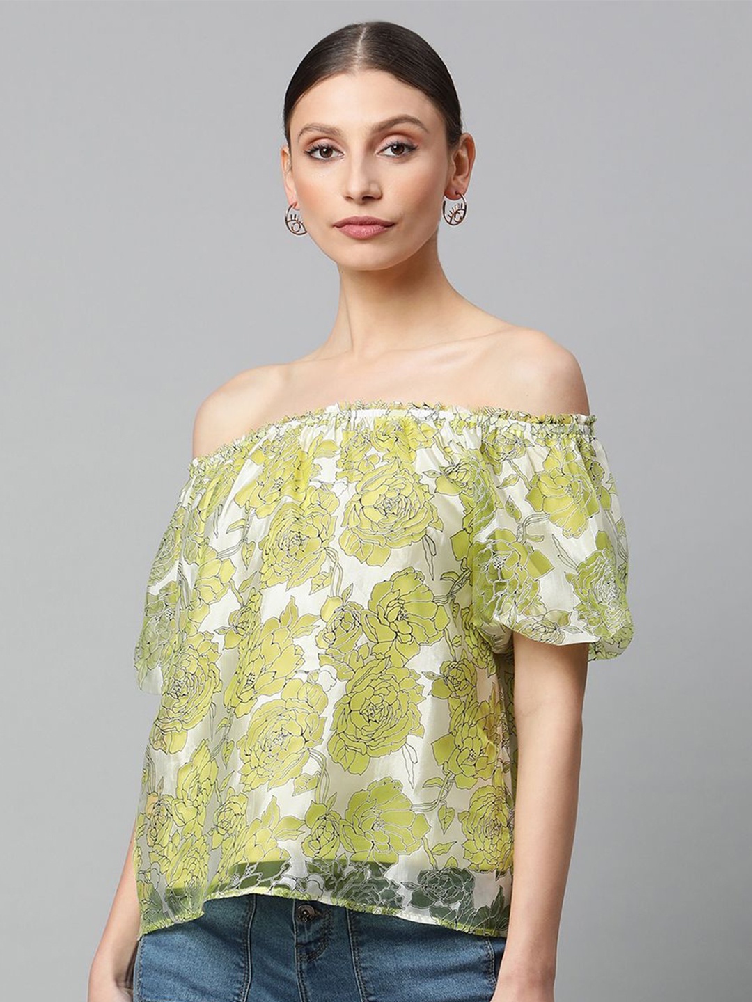 

Global Republic Floral Printed Off-Shoulder Top, Lime green