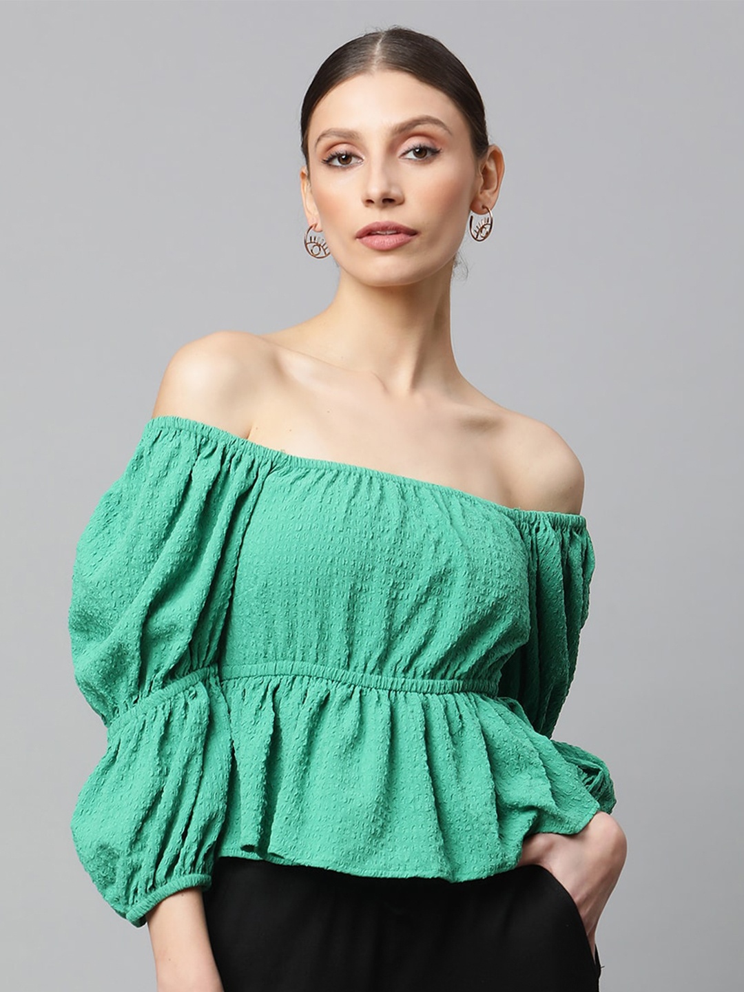 

Global Republic Off-Shoulder Puff Sleeve Bardot Top, Green