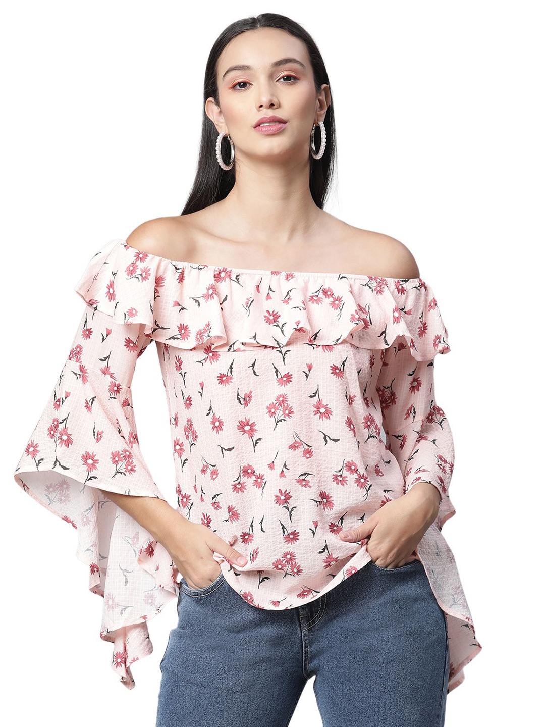 

Global Republic Floral Print Off-Shoulder Flared Sleeves Bardot Top, Pink