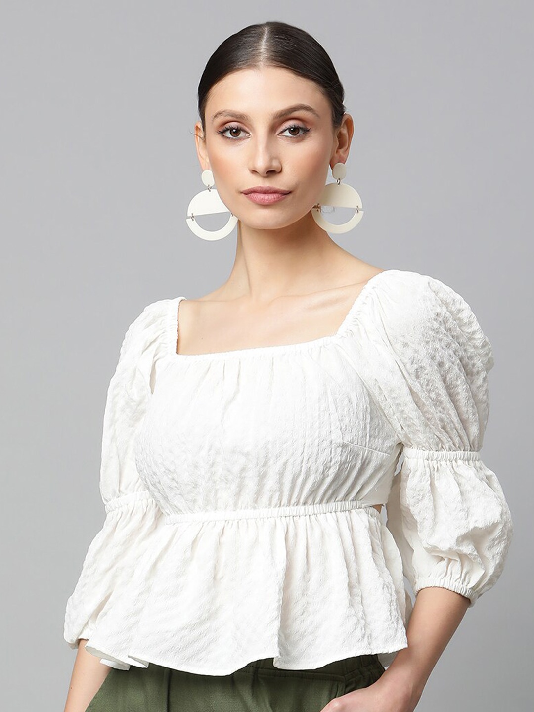 

Global Republic Self Designed Puff Sleeve Peplum Top, White