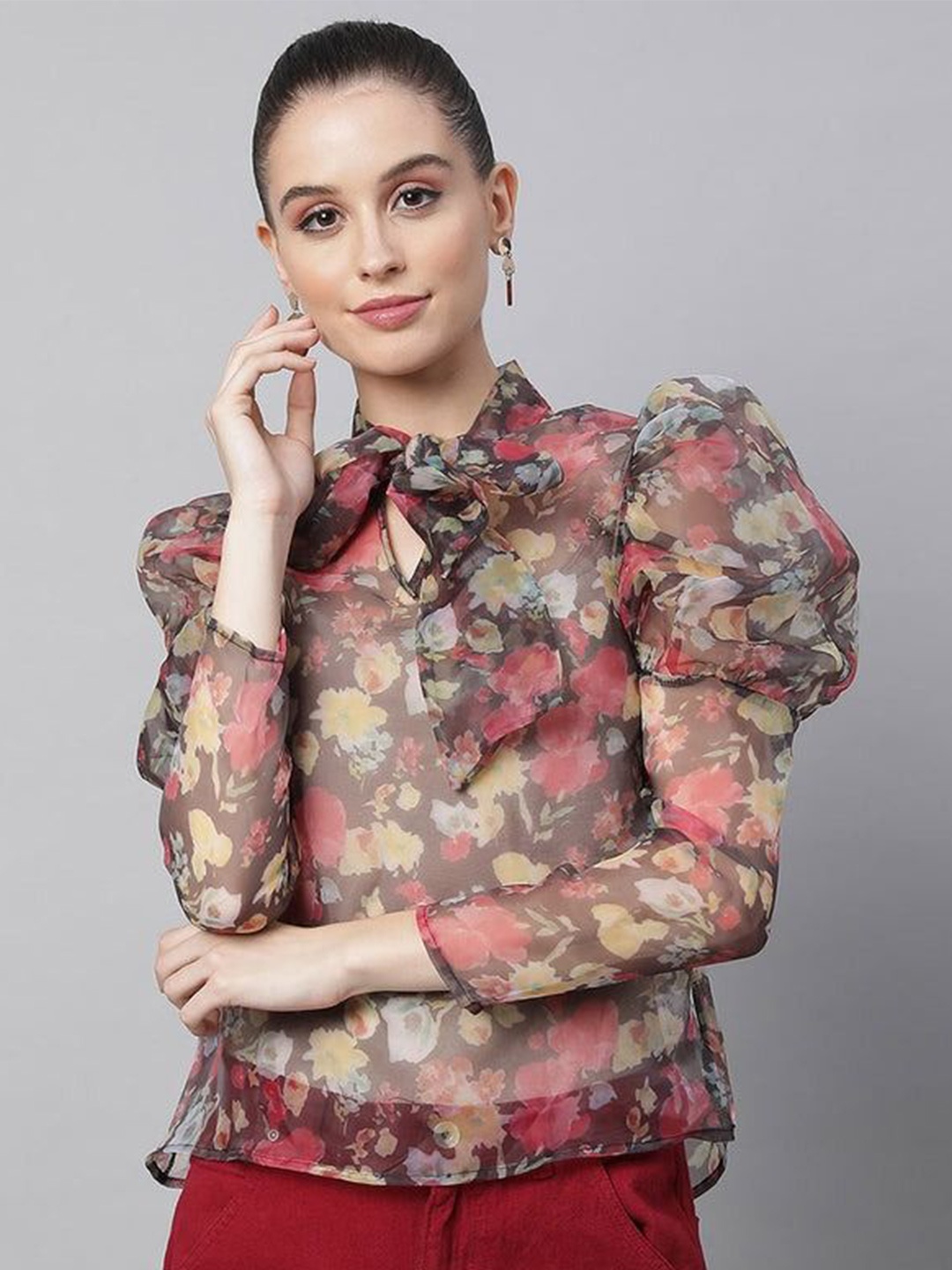 

Global Republic Floral Print Tie-Up Neck Puff Sleeve Crepe Top, Black