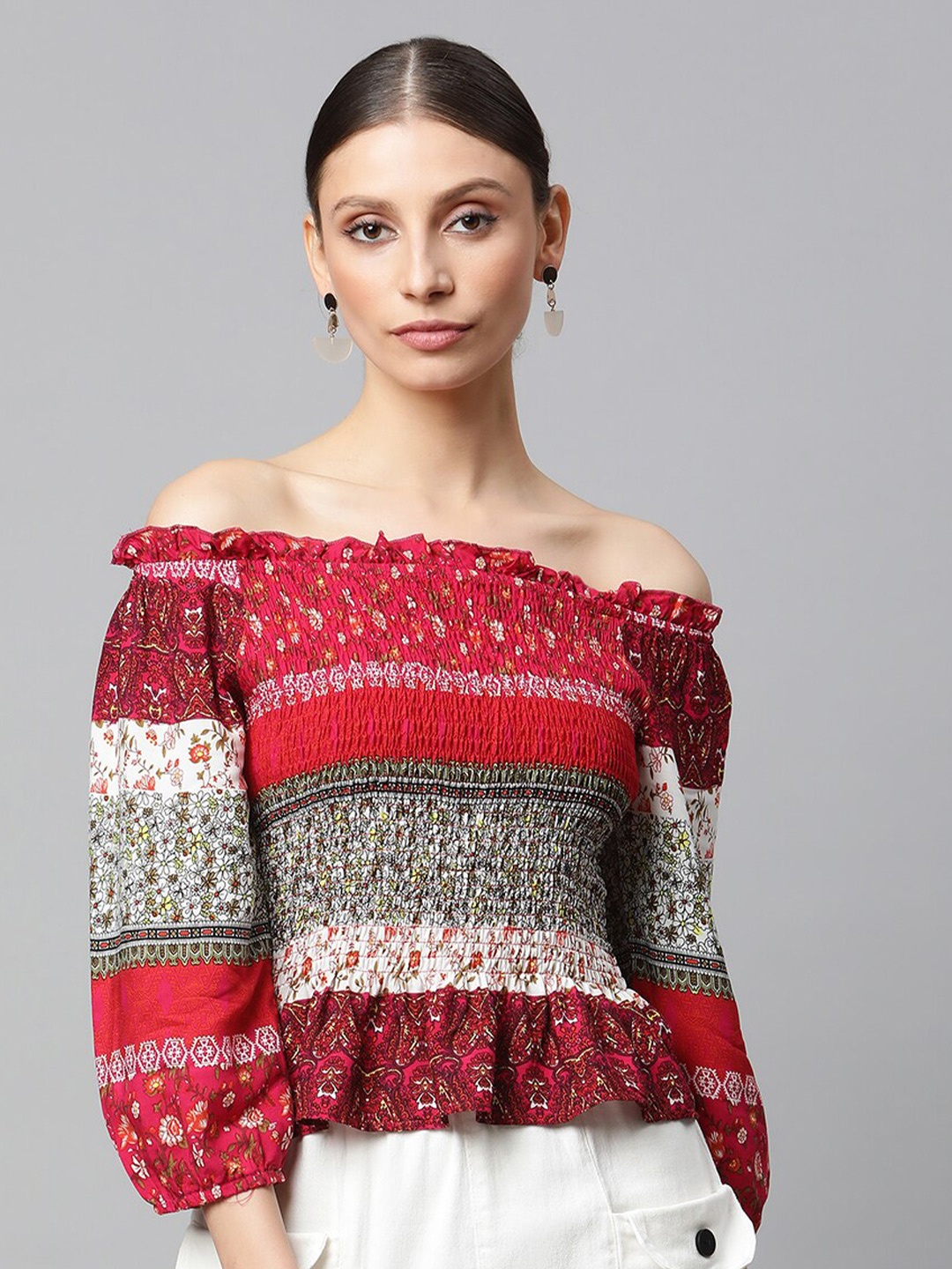 

Global Republic Floral Printed Off-Shoulder Crepe Top, Red