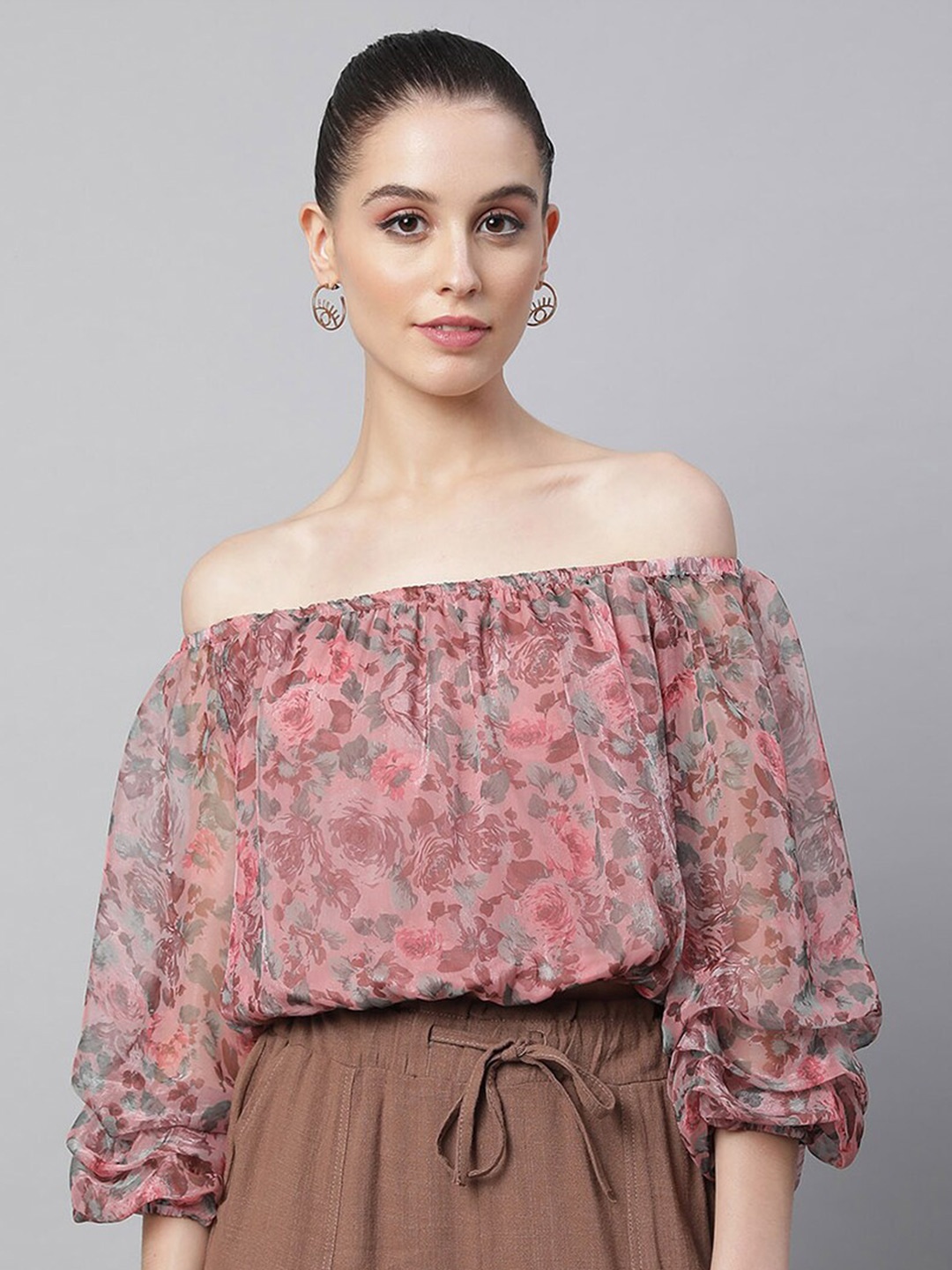 

Global Republic Floral Printed Off-Shoulder Puff Sleeve Bardot Top, Pink