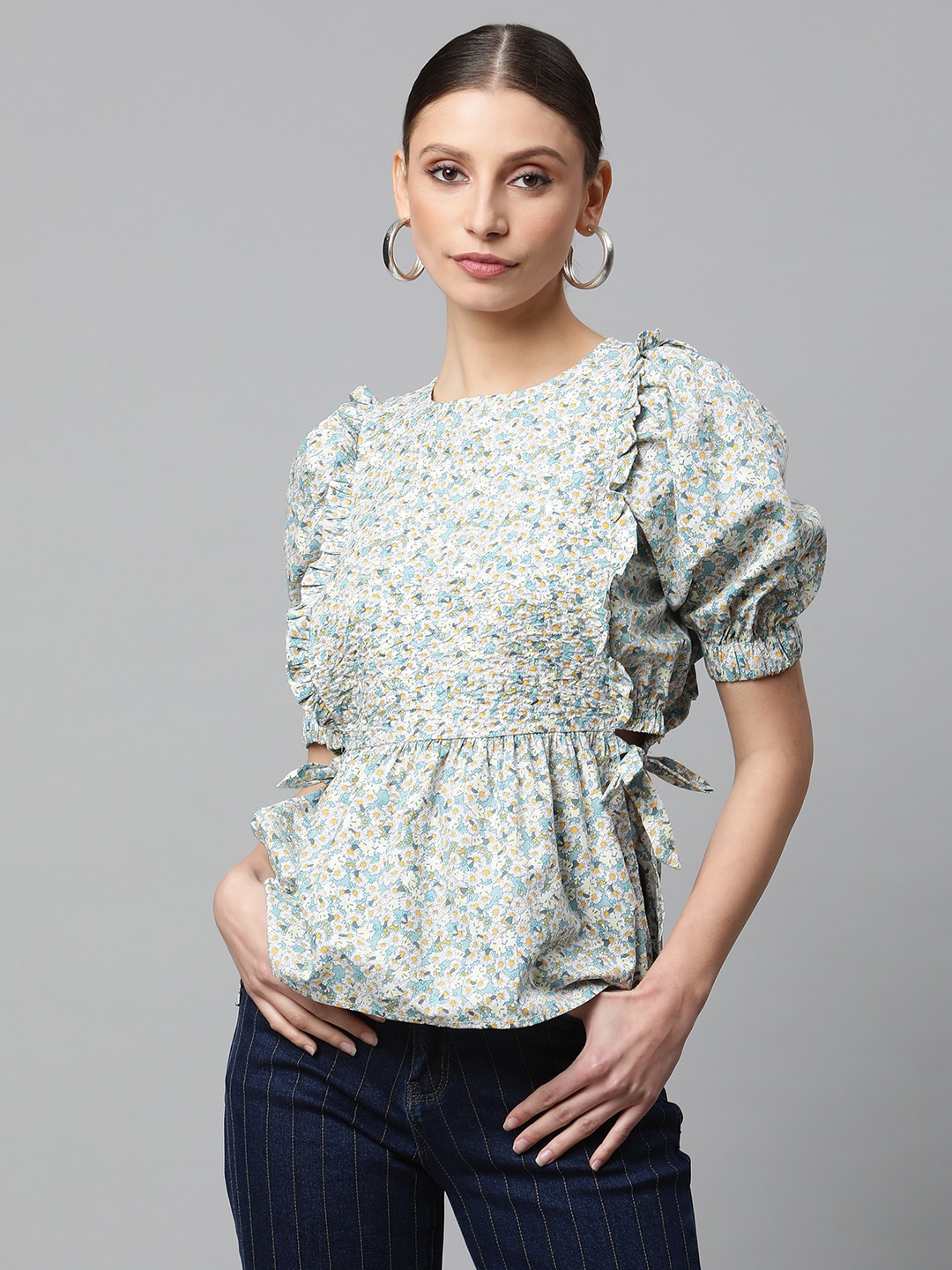 

Global Republic Floral Print Puff Sleeve Cotton Cinched Waist Top, Sea green