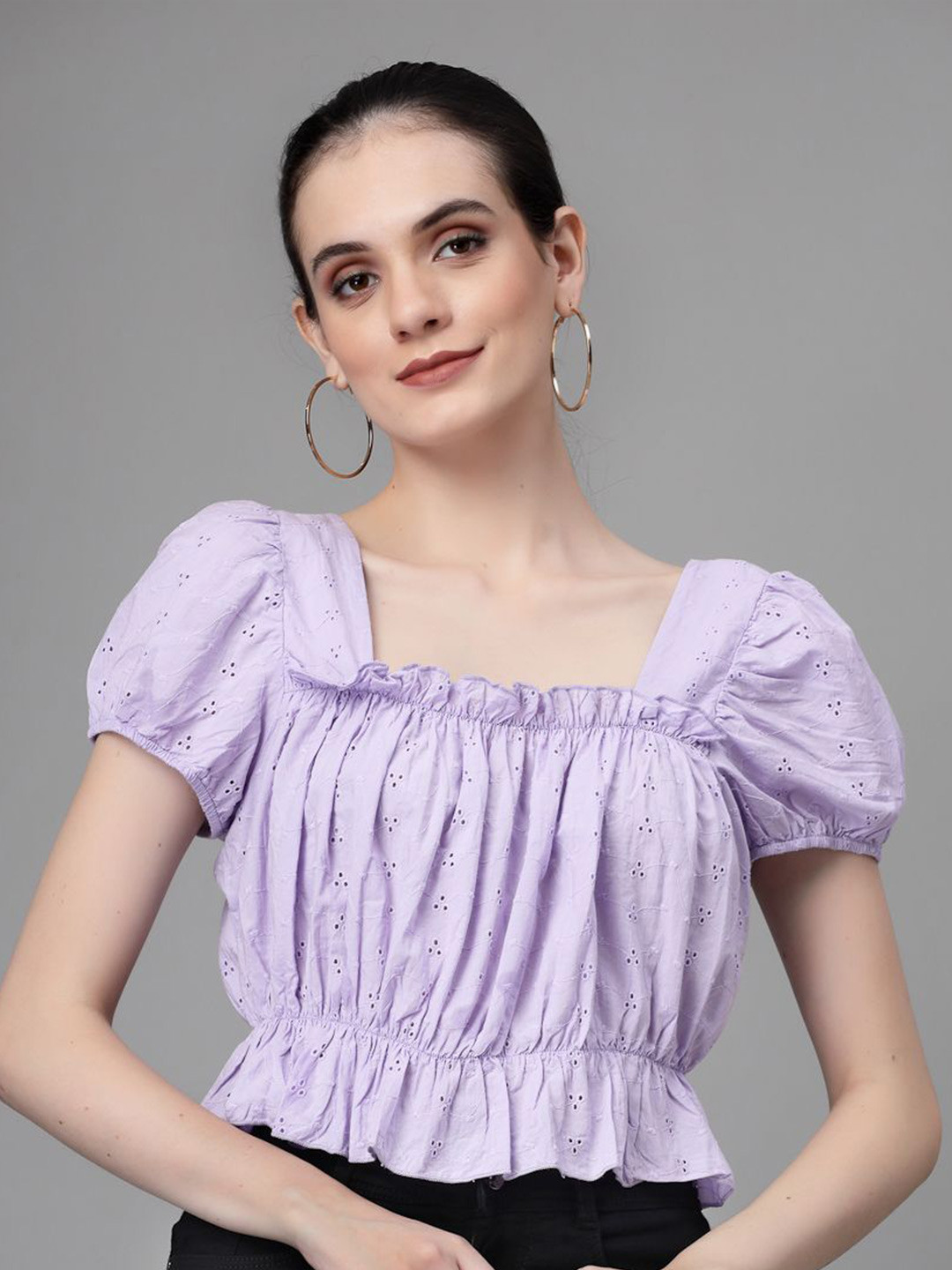 

Global Republic Self Designed Puff Sleeve Cotton Cinched Waist Crop Top, Purple