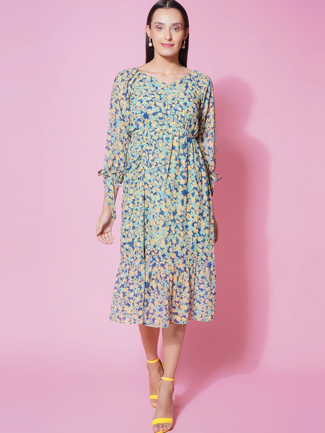 

BAESD V-Neck Floral Printed Georgette Fit & Flare Midi Dress, Blue