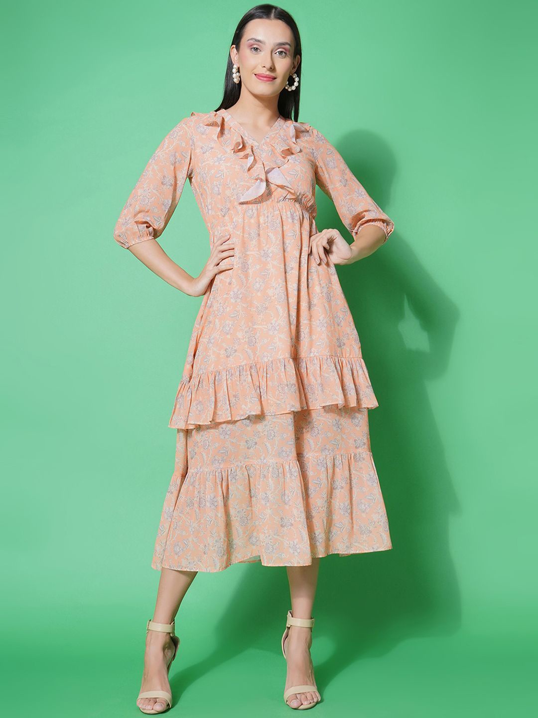 

BAESD Floral Print V-Neck Ruffled Georgette Empire Midi Dress, Orange