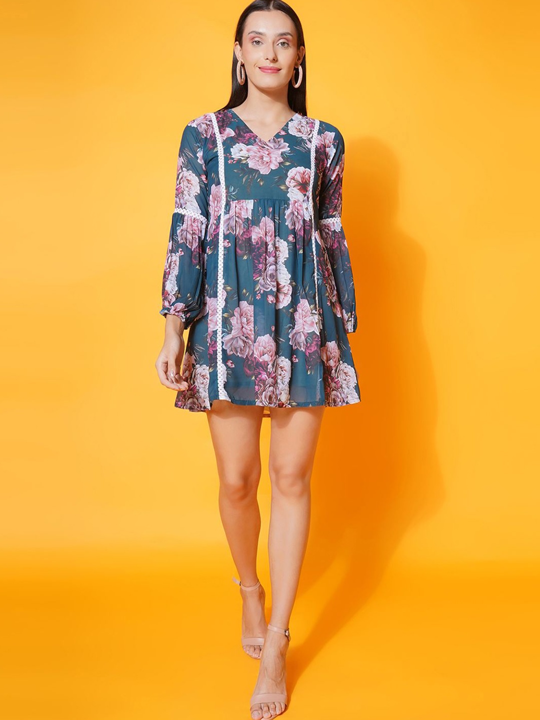 

BAESD Floral Printed Georgette Fit & Flare Dress, Blue