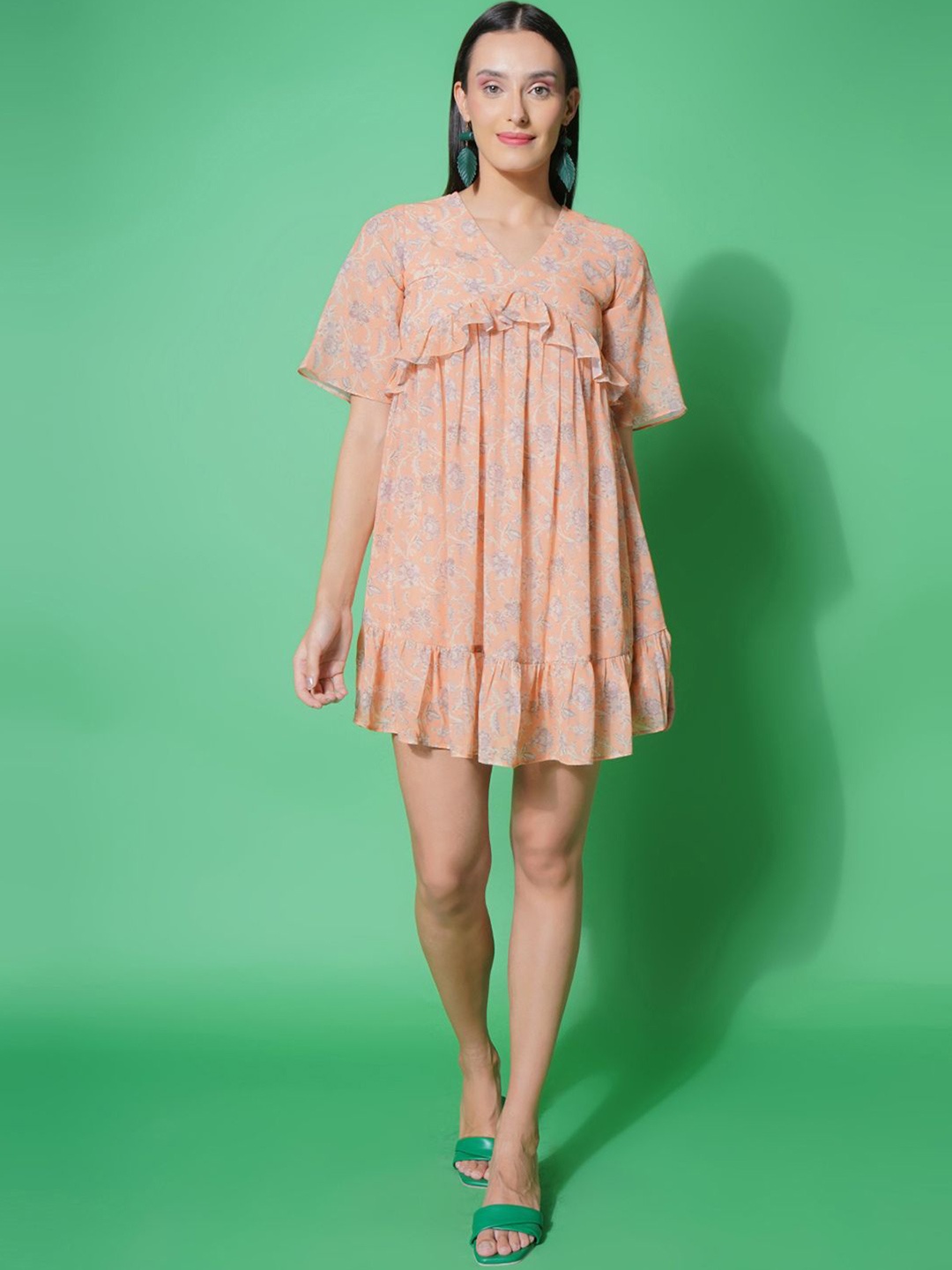 

BAESD Floral Print Flared Sleeve Georgette Empire Dress, Peach