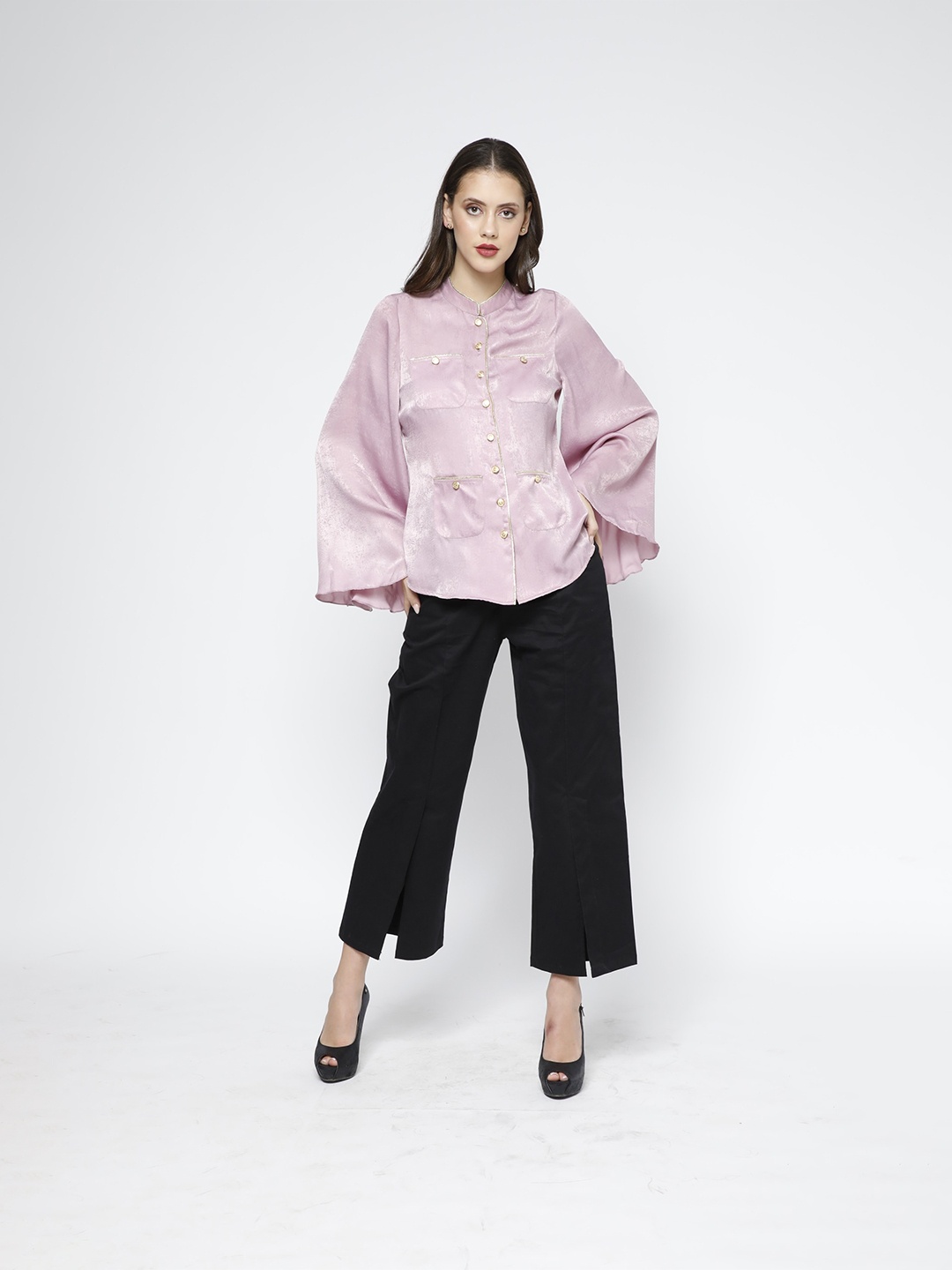 

SAMMYUKK Bell Sleeves Mandarin Collar Party Shirt, Pink