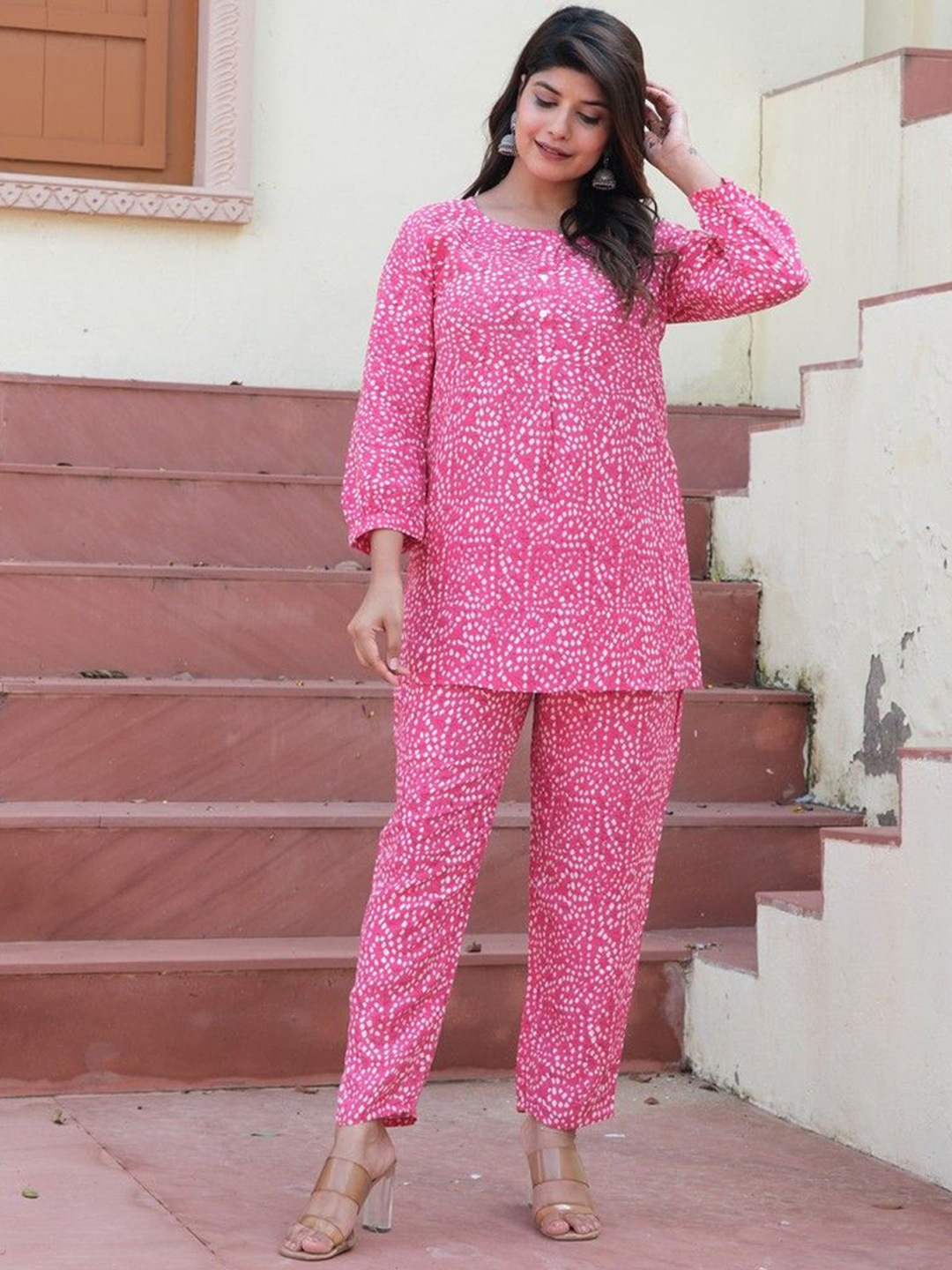 

HEBA Bandhani Printed Tunic With Trouser, Pink