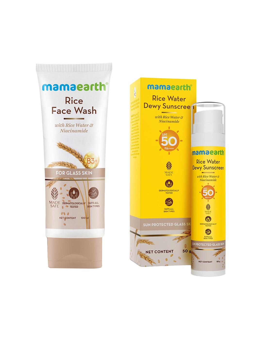 

Mamaearth Set of Rice Face Wash 100 ml + Rice Water SPF50 PA+++ Dewy Sunscreen 50 g, Yellow