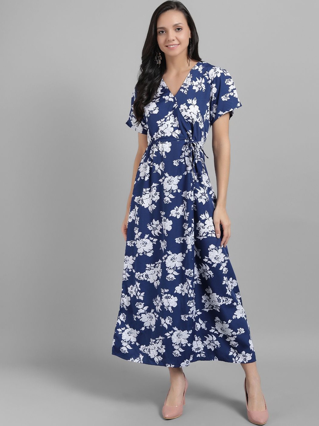 

TANDUL Floral Printed Slit Sleeves Maxi Dress, Navy blue