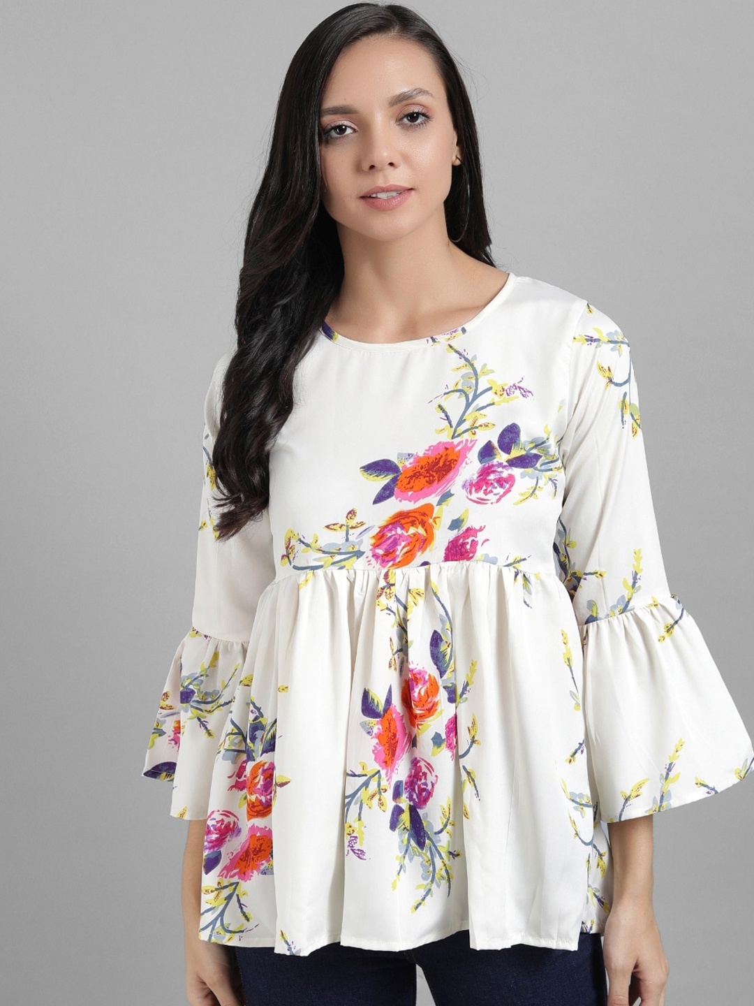 

TANDUL Round Neck Floral Printed Bell Sleeve Cotton Peplum Top, White